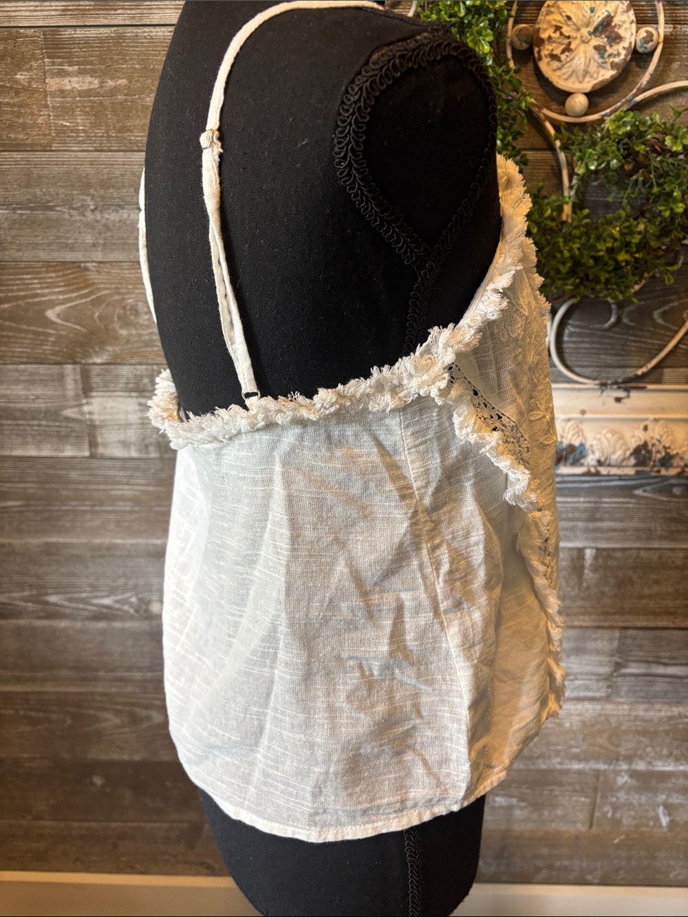 Boho Embroidered (Size M) Women's Cream Fringe-Trim Button Front Cami Top - Picture 7 of 10